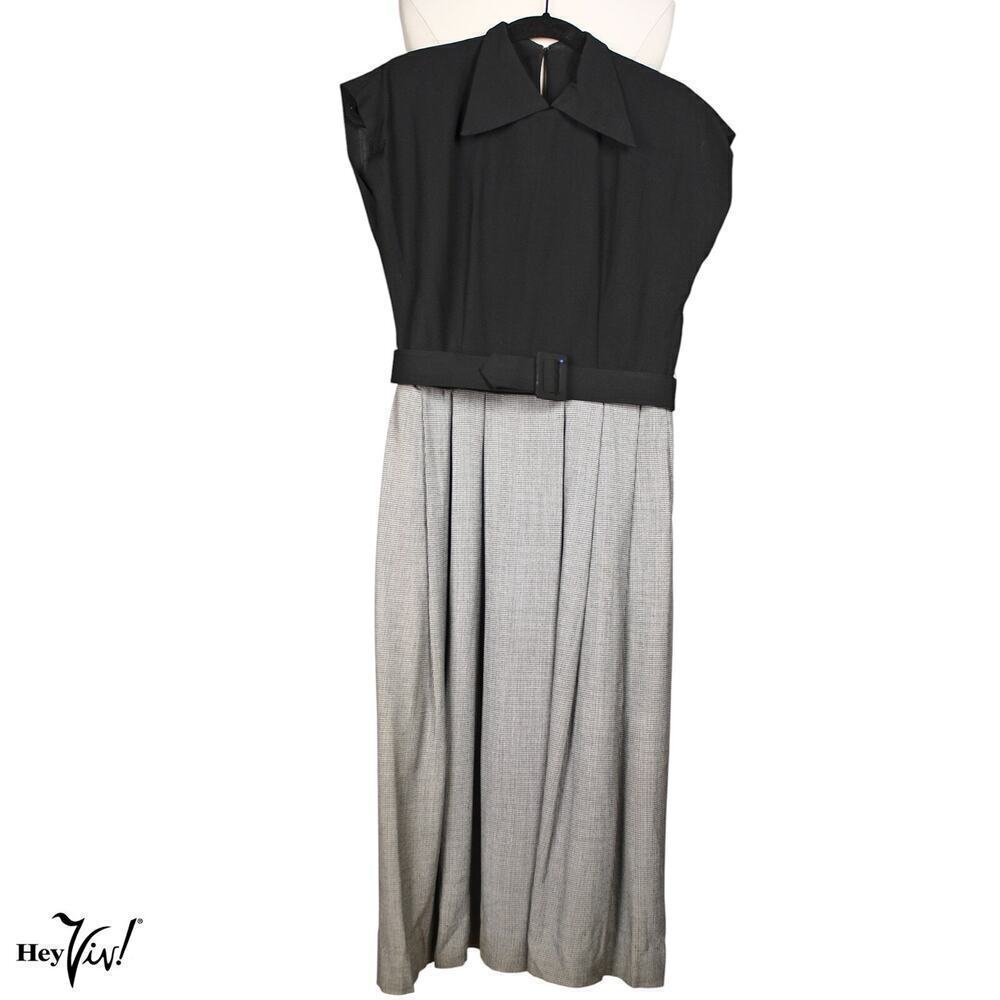 Vintage 1940s Dress Padded Shoulder Metal Zip Herringbone Sz S B34 W26 - Hey Viv